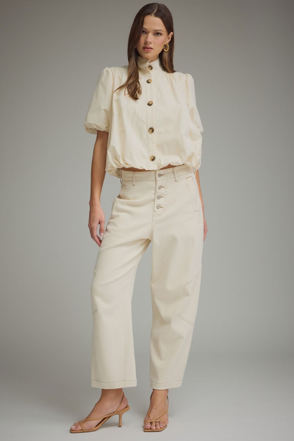 Solid Puff Sleeve Top Bubble Hem