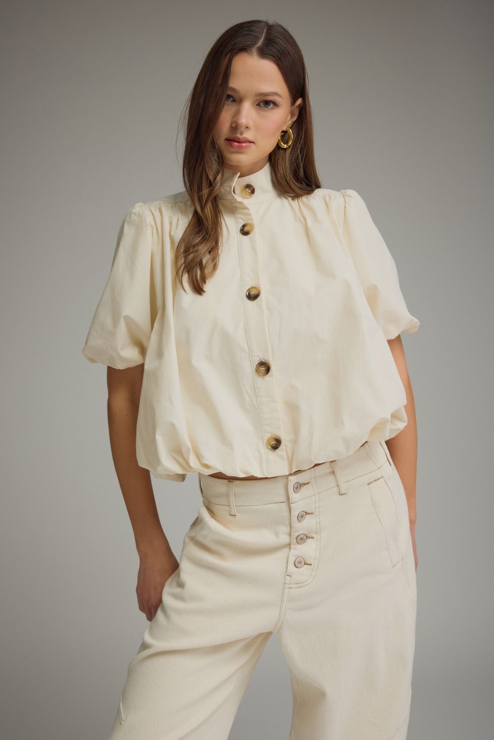 Solid Puff Sleeve Top Bubble Hem