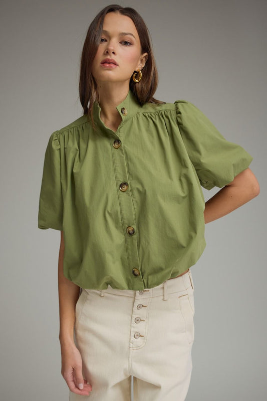 Solid Puff Sleeve Top Bubble Hem