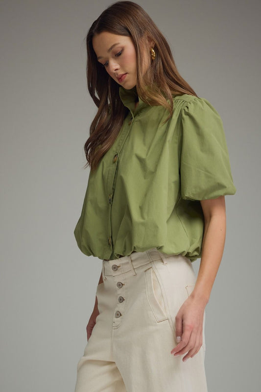 Solid Puff Sleeve Top Bubble Hem