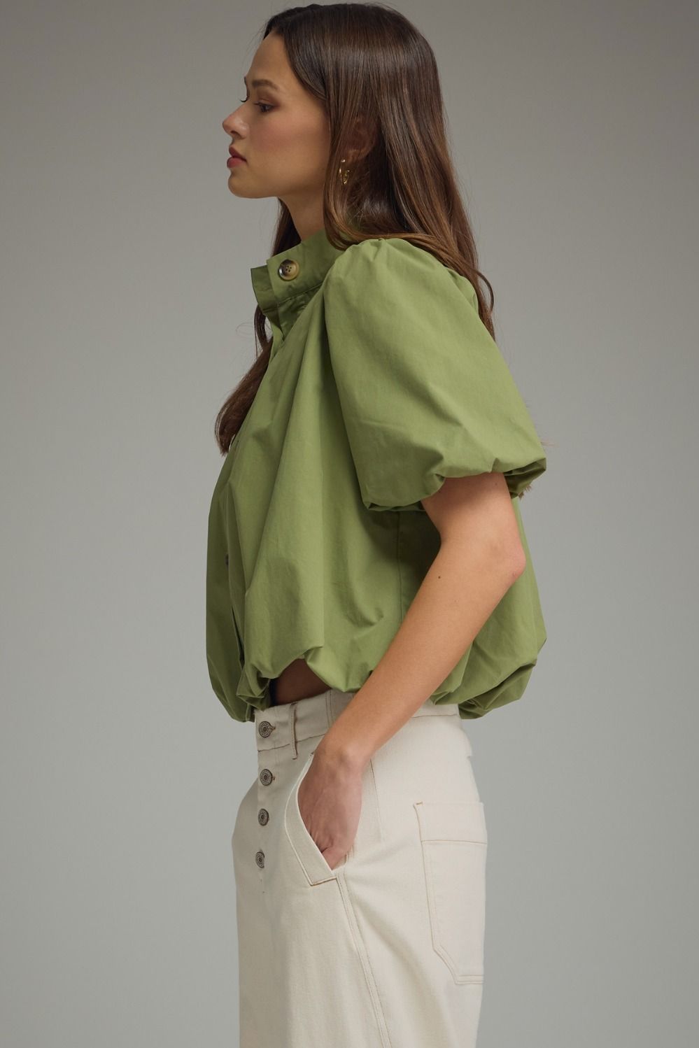 Solid Puff Sleeve Top Bubble Hem