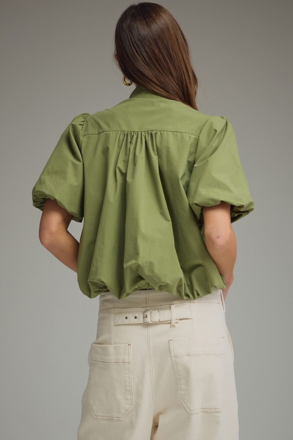 Solid Puff Sleeve Top Bubble Hem