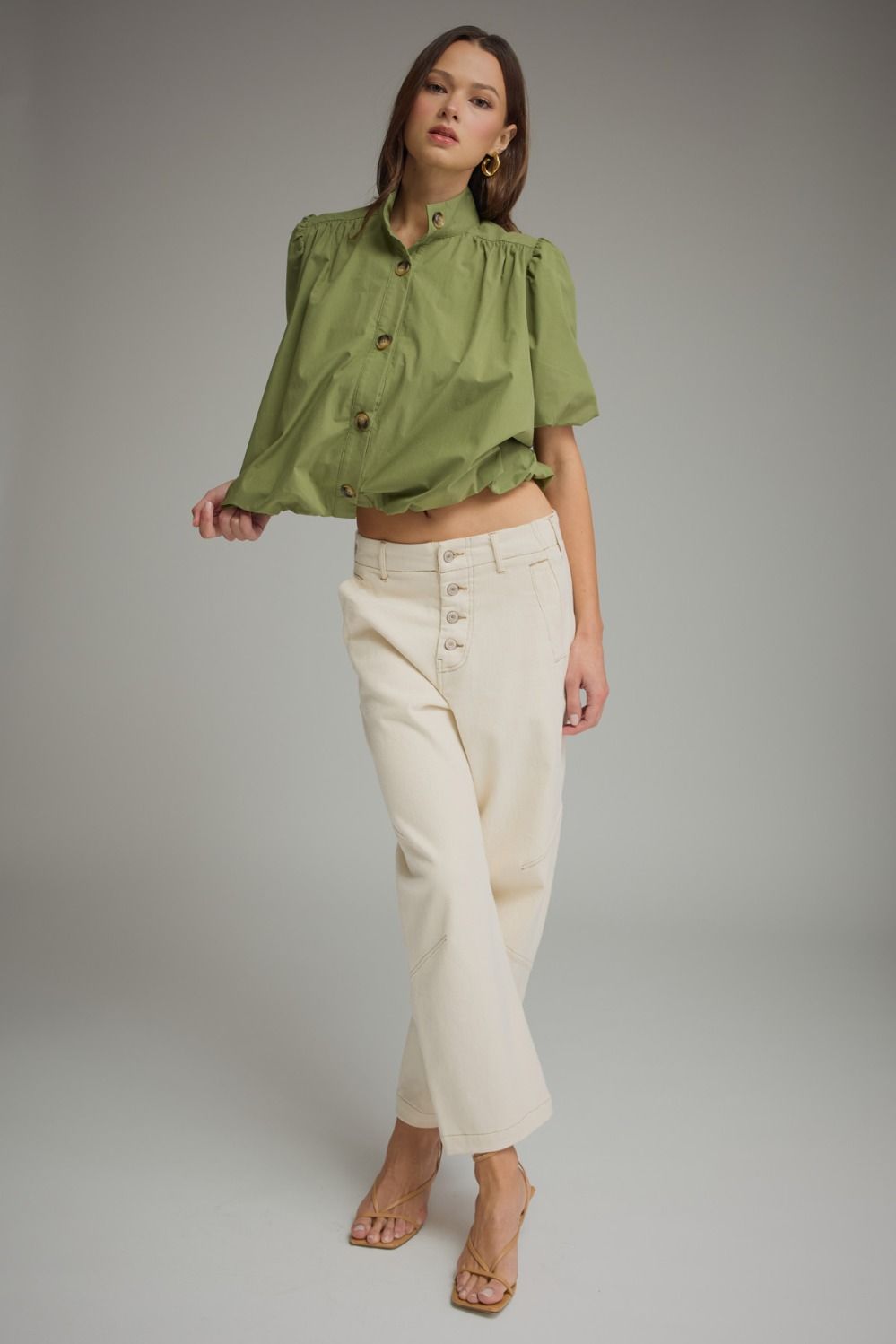 Solid Puff Sleeve Top Bubble Hem