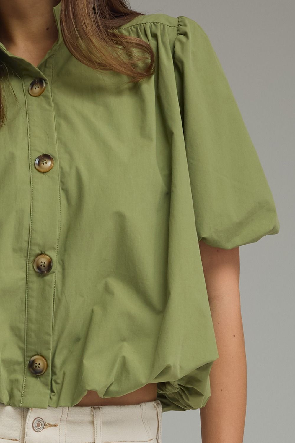 Solid Puff Sleeve Top Bubble Hem