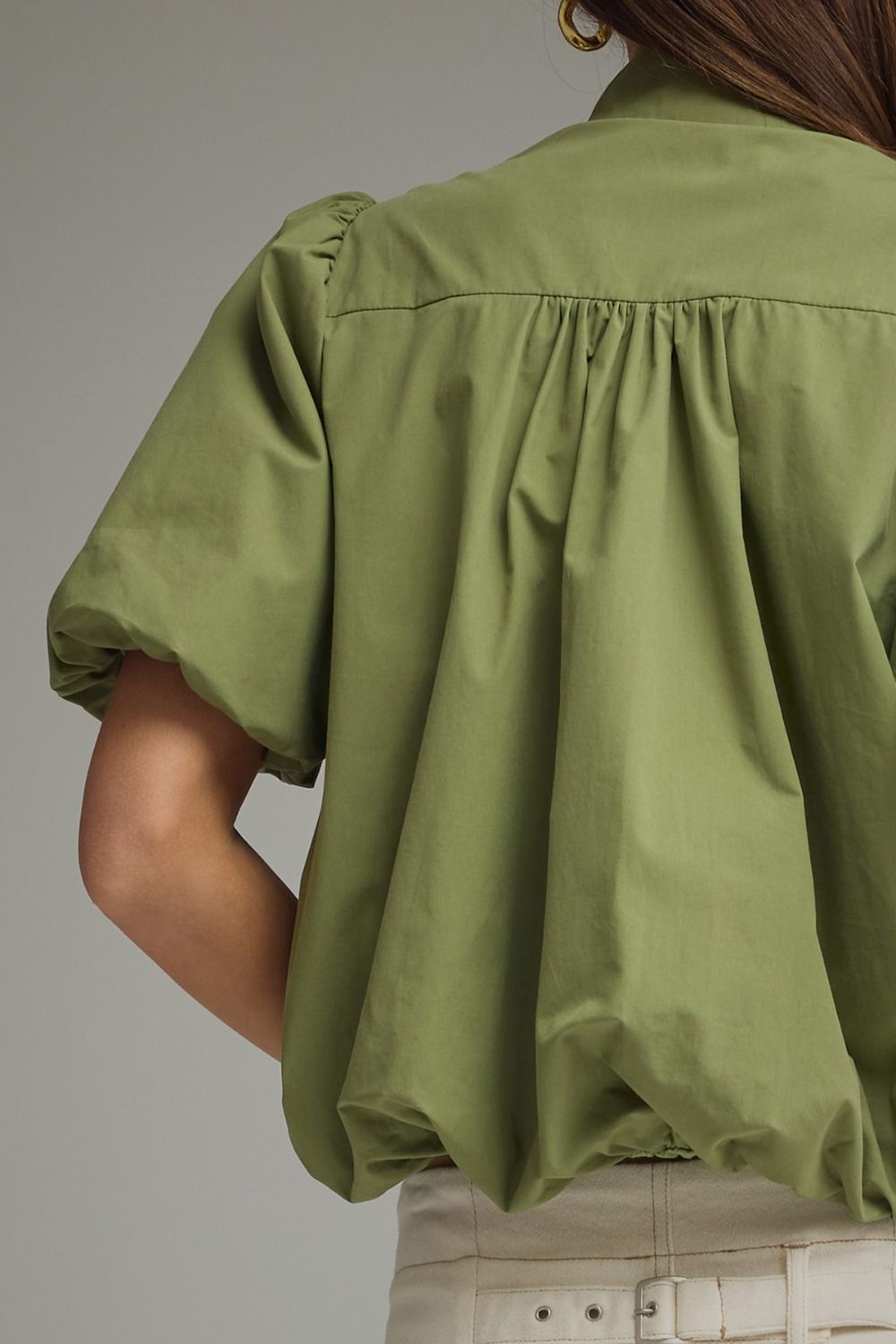 Solid Puff Sleeve Top Bubble Hem