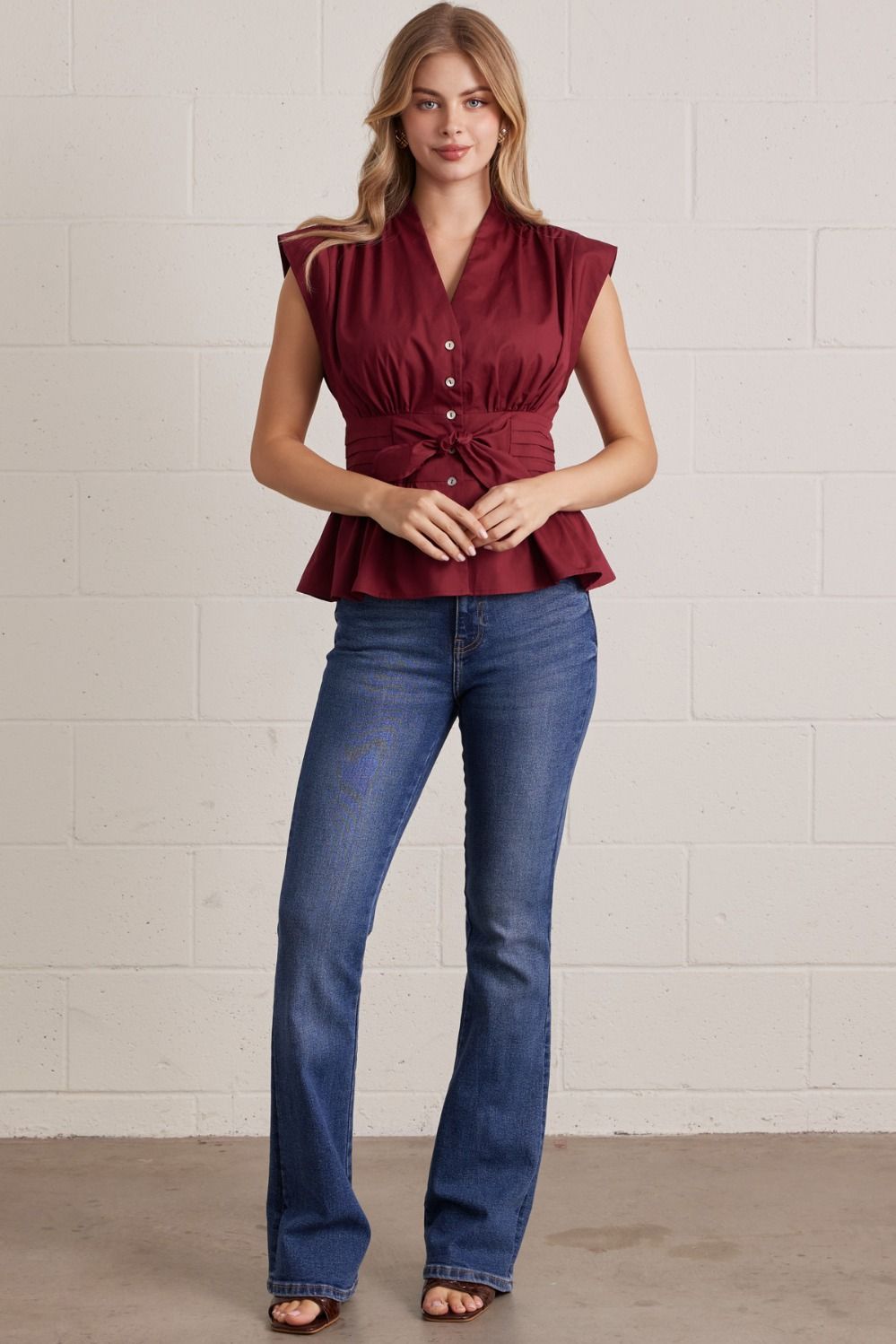 Solid V-Neck Sleeveless Blouse With Tie Waist