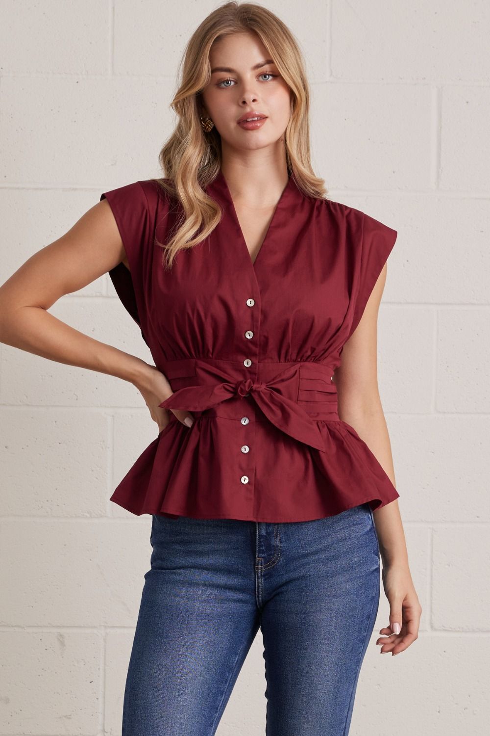 Solid V-Neck Sleeveless Blouse With Tie Waist