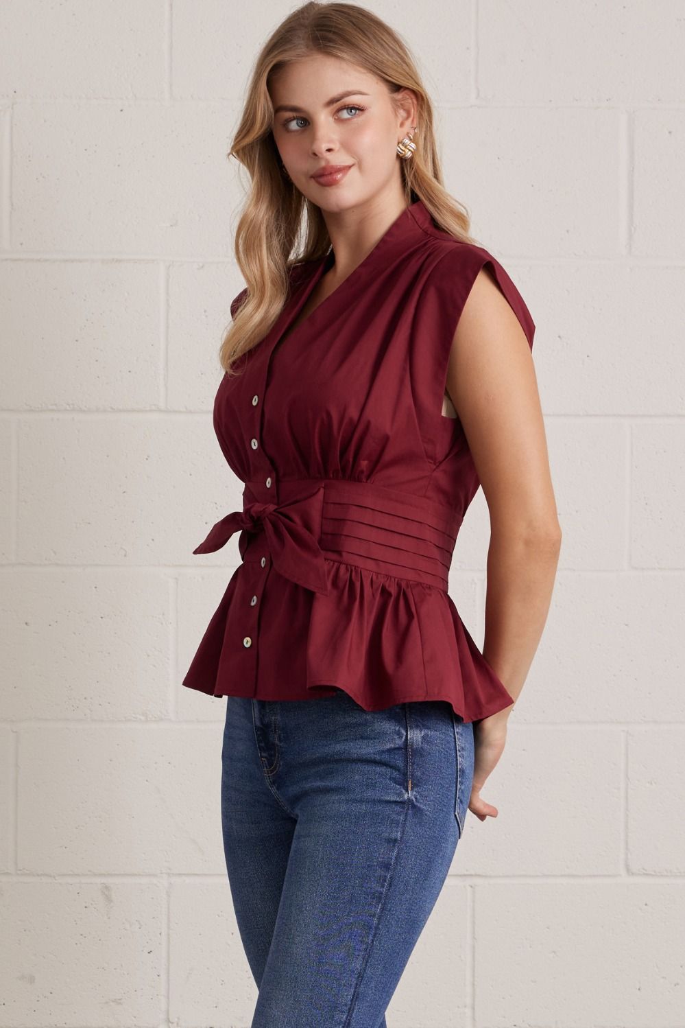 Solid V-Neck Sleeveless Blouse With Tie Waist