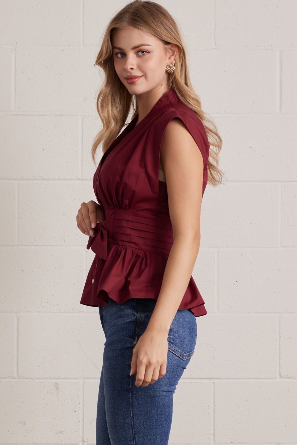Solid V-Neck Sleeveless Blouse With Tie Waist