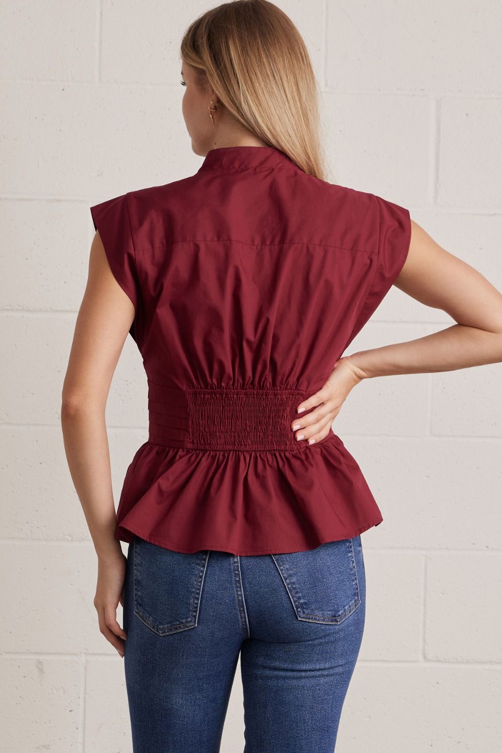 Solid V-Neck Sleeveless Blouse With Tie Waist