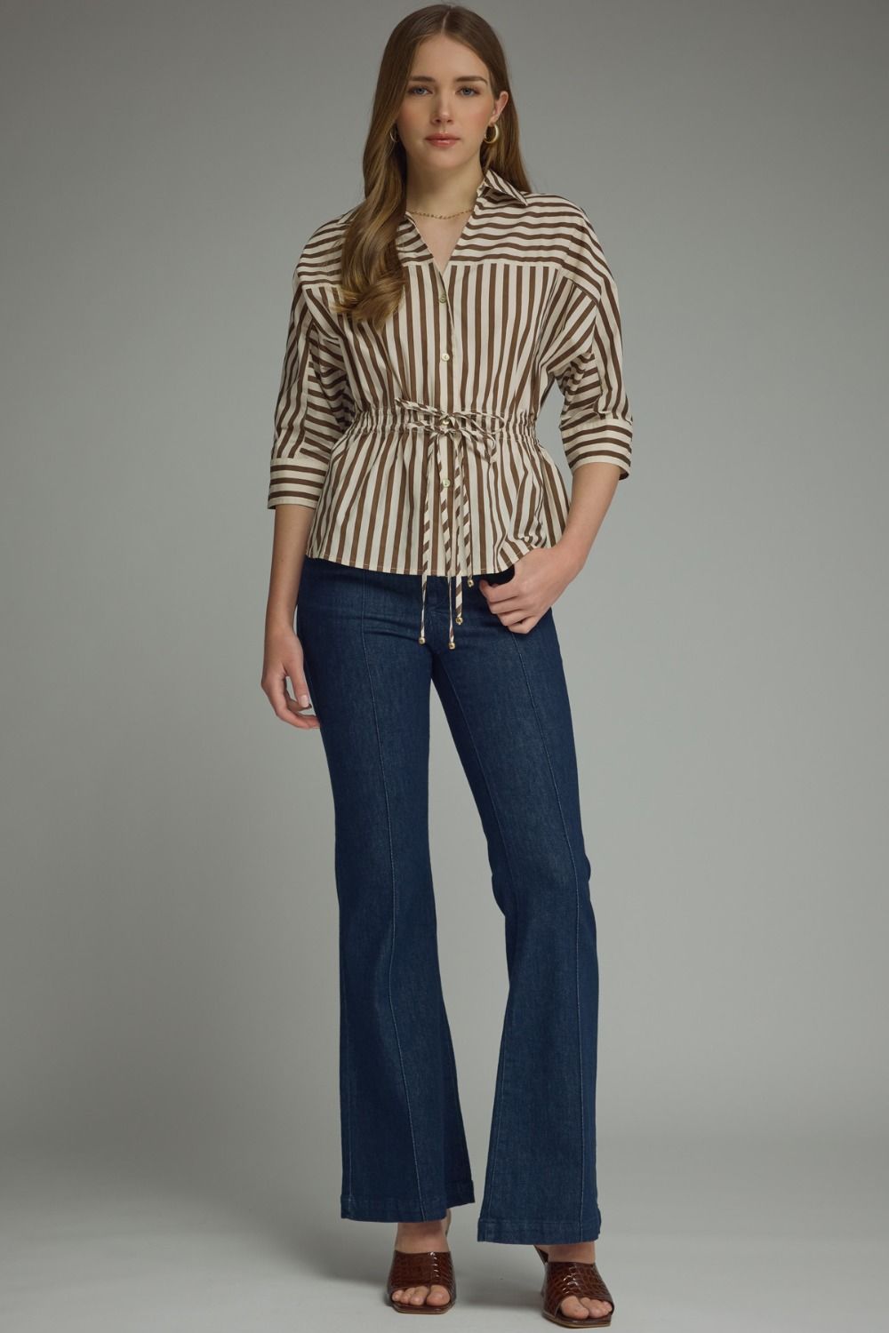 Brown Stripe 3/4 Sleeve Button Down Top