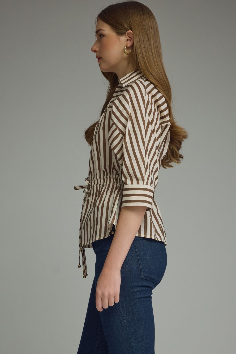 Brown Stripe 3/4 Sleeve Button Down Top