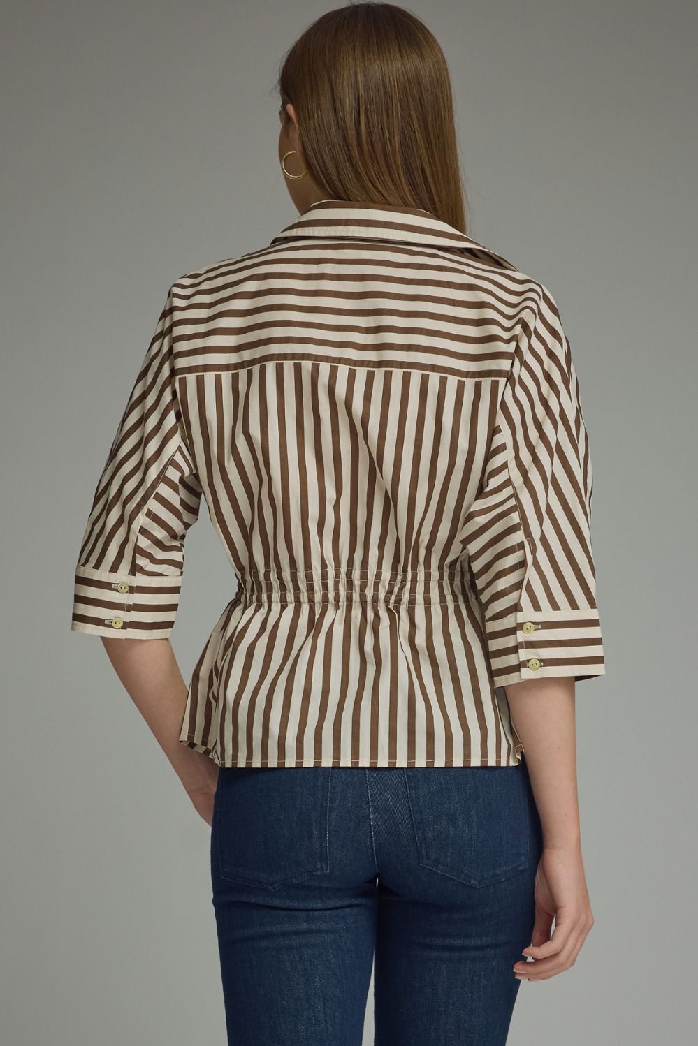 Brown Stripe 3/4 Sleeve Button Down Top