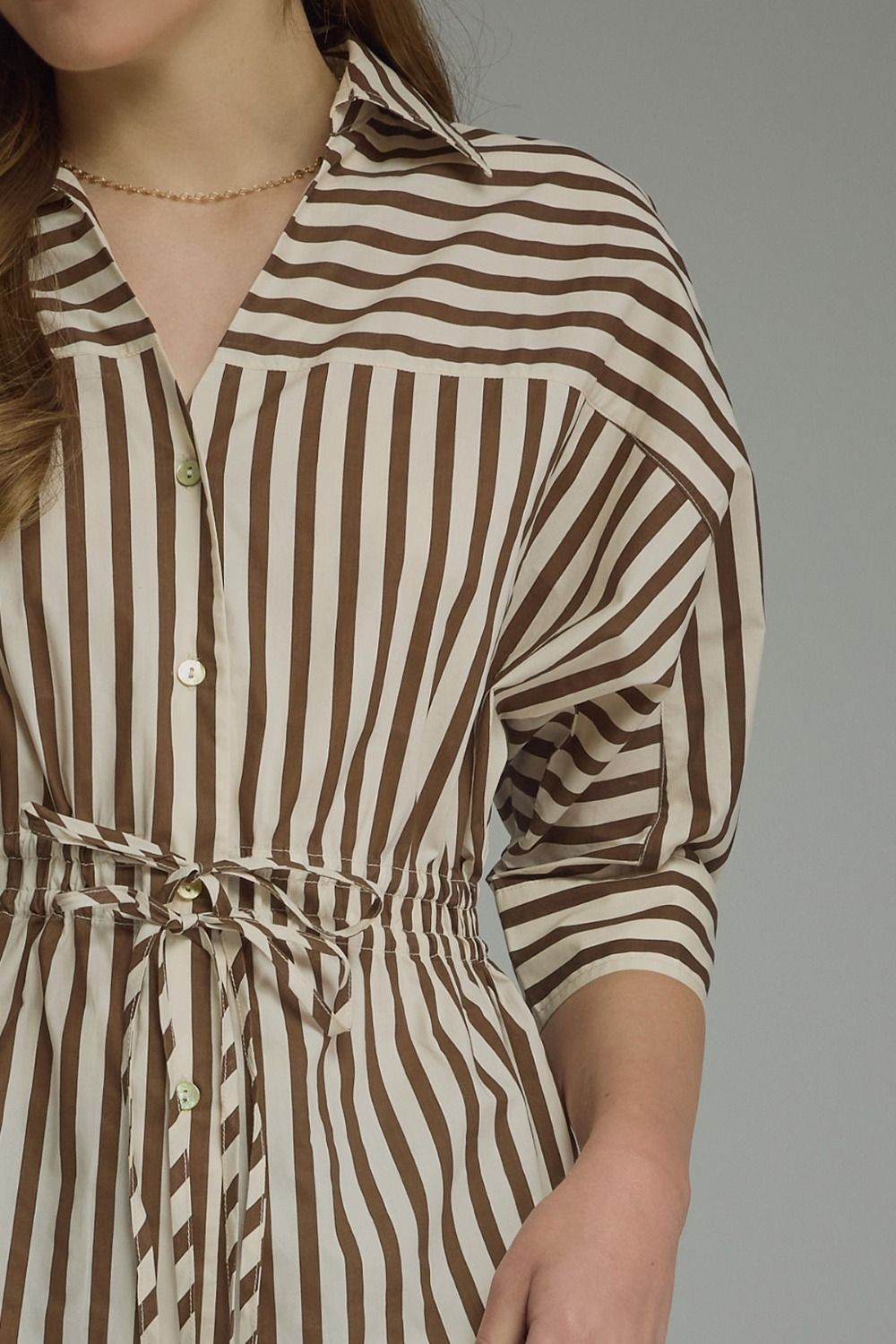 Brown Stripe 3/4 Sleeve Button Down Top