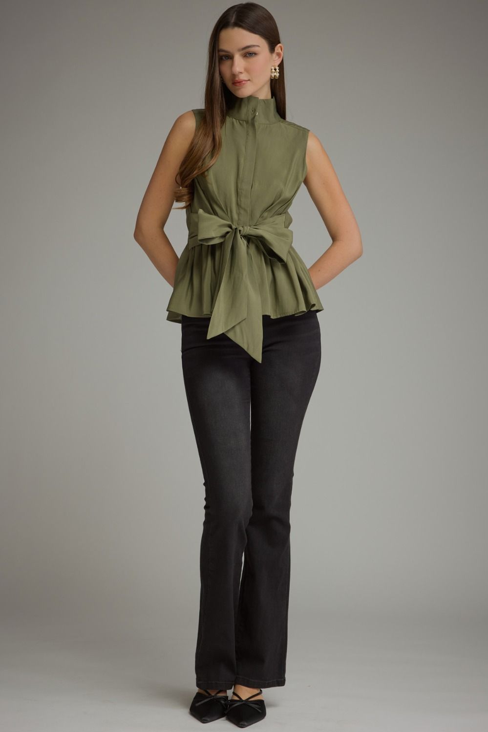 Solid Sleeveless Top With Waist Tie