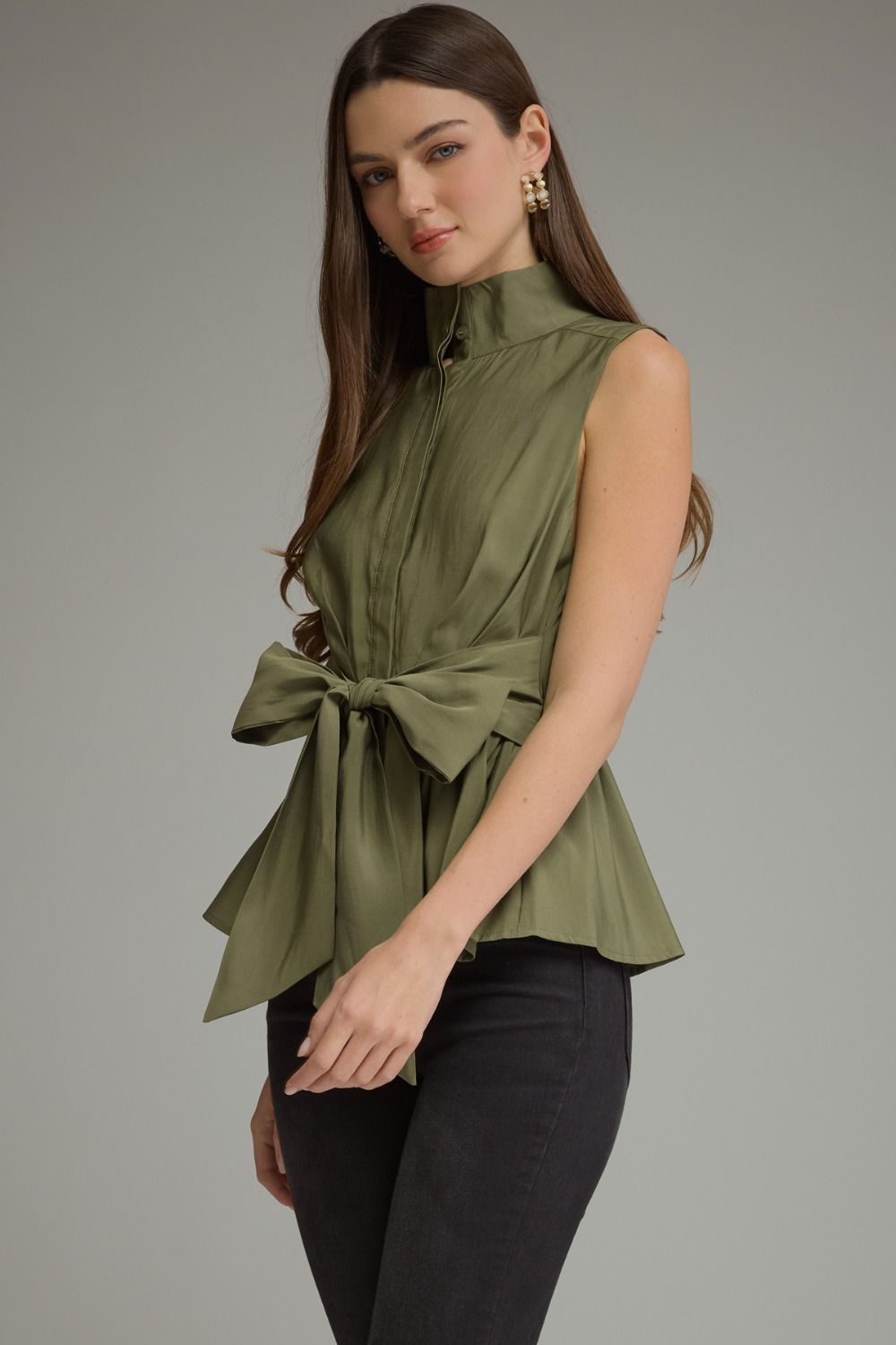 Solid Sleeveless Top With Waist Tie