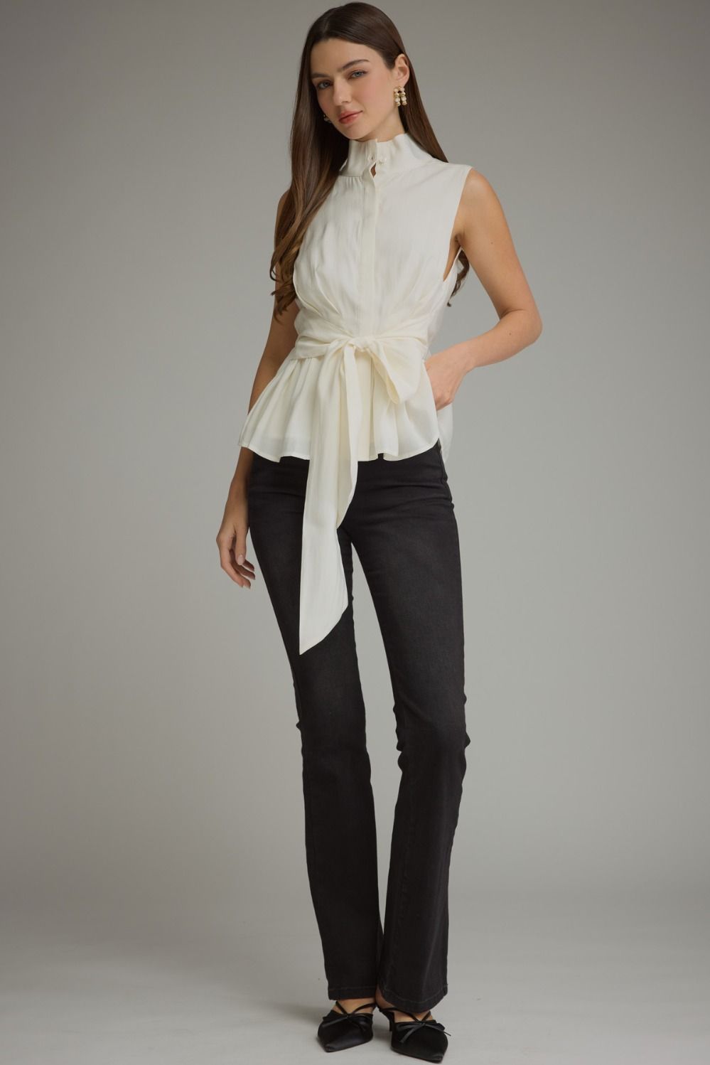 Solid Sleeveless Top With Waist Tie