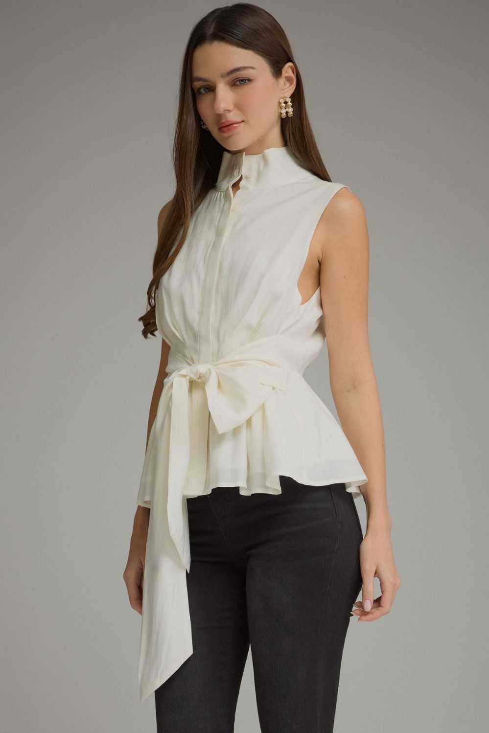 Solid Sleeveless Top With Waist Tie