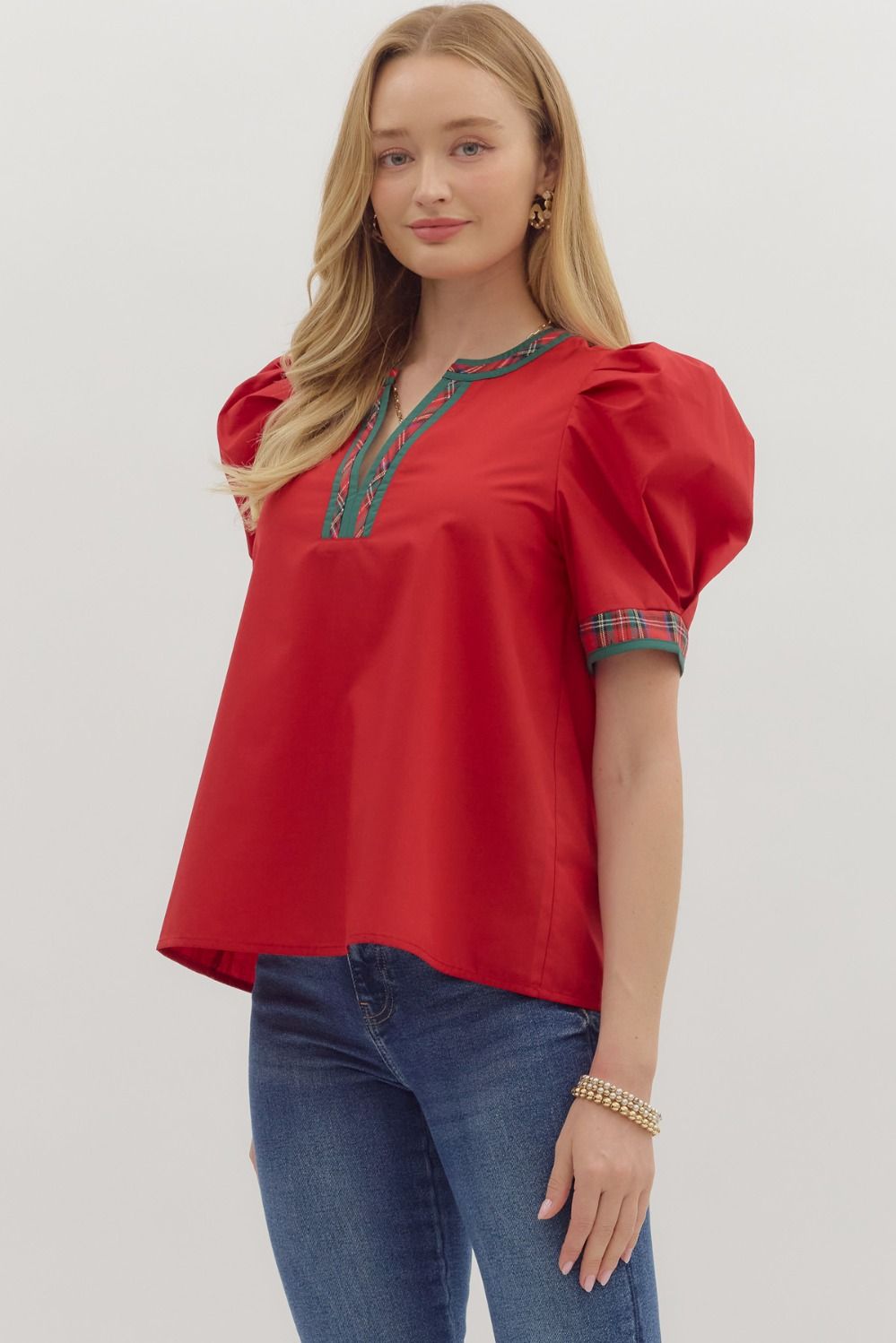 Red Solid Top with Plaid VNeck Band image 4