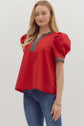 Red Solid Top with Plaid VNeck Band image 4