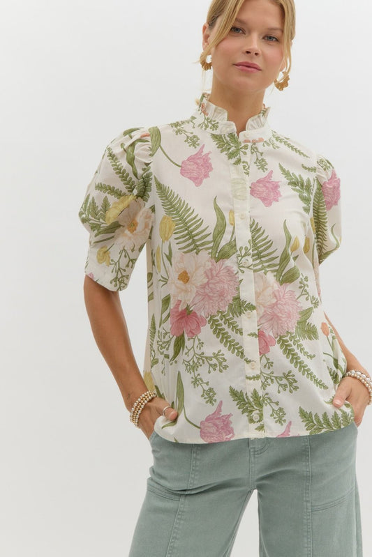 Floral Print Ruffled Neck Top image 0