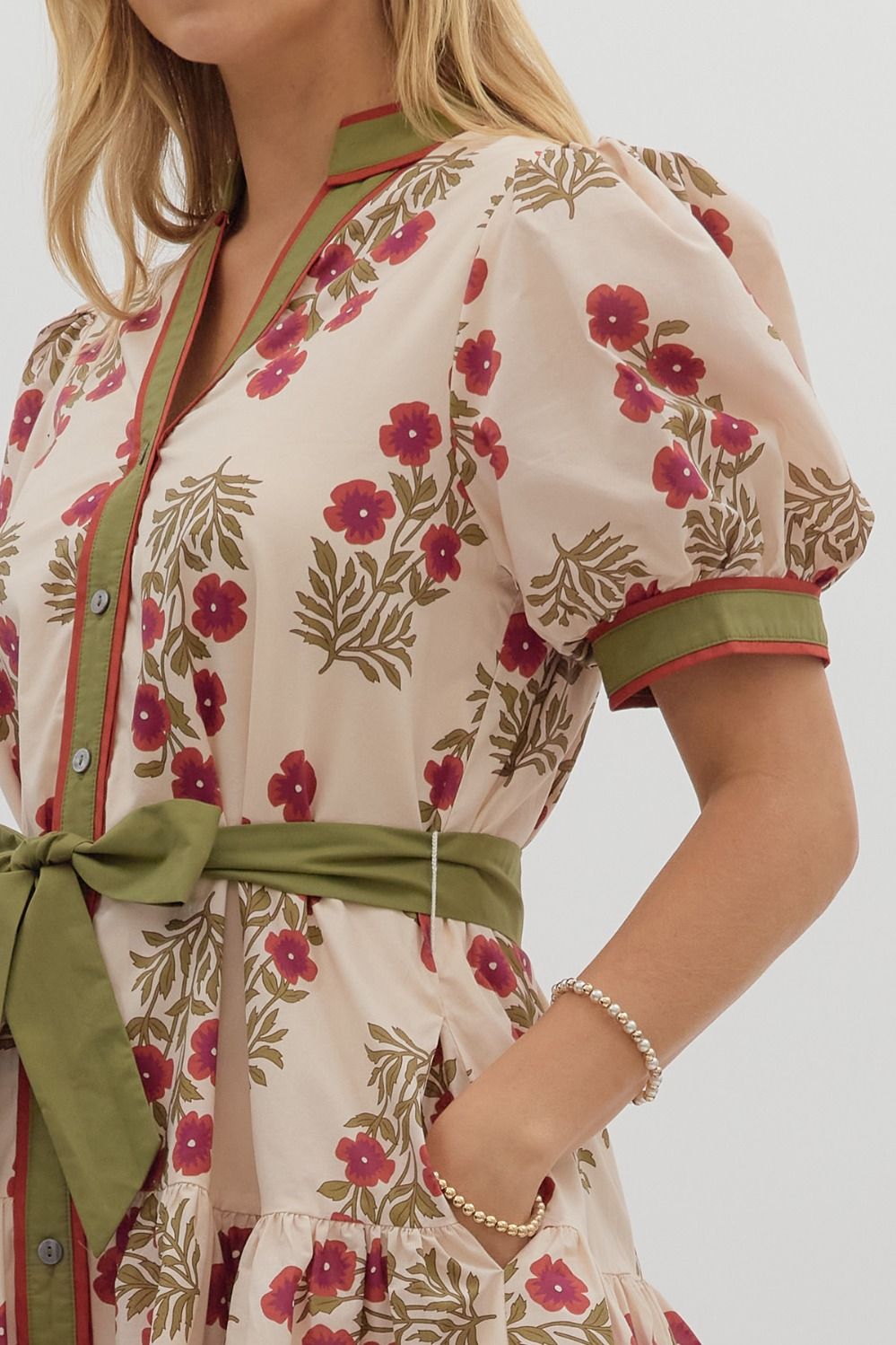 ECRU Floral with Olive & Burgundy Accent Band & Belt image 3