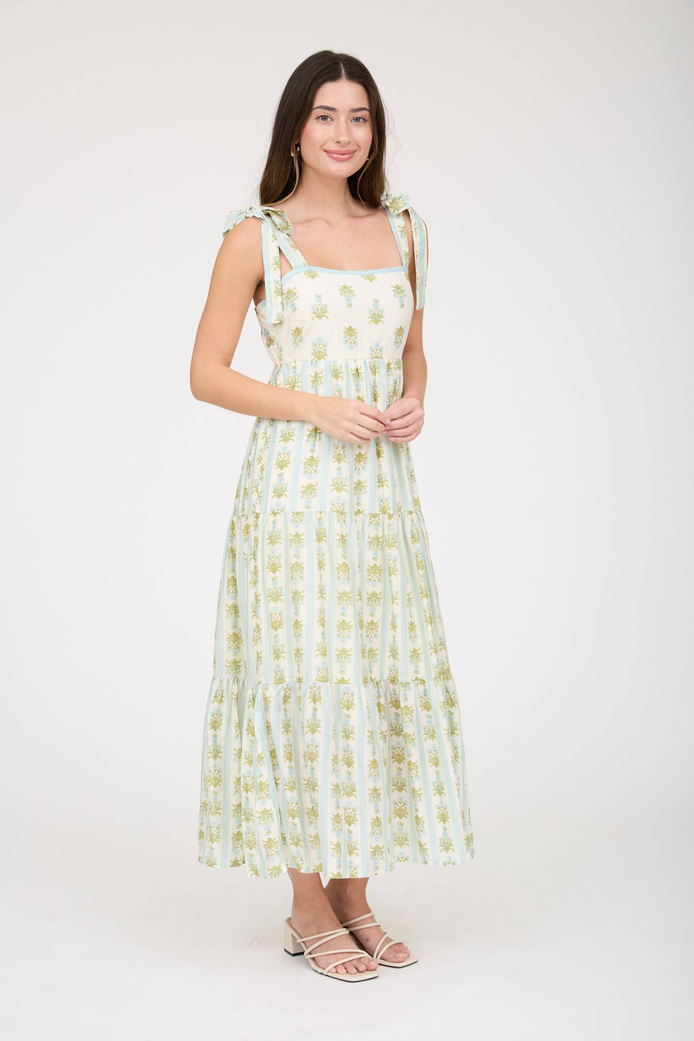 STRIPE FLORAL CONTRAST SLEEVELESS MIDI DRESS