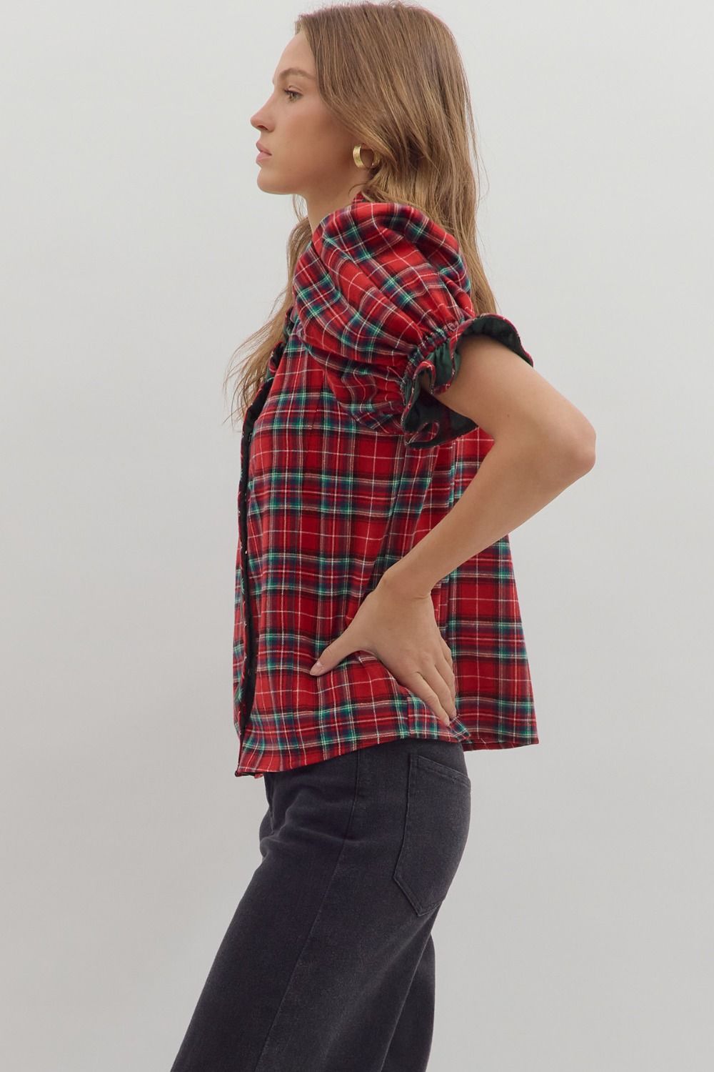 Red Plaid Puff Sleeve Christmas Top image 3