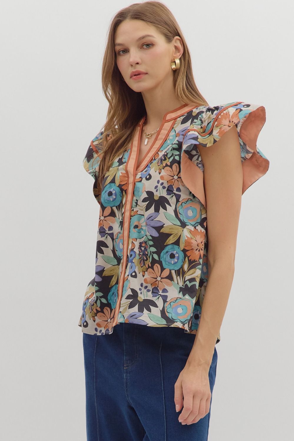 Cinnamon Floral Flutter Sleeve Top image 2