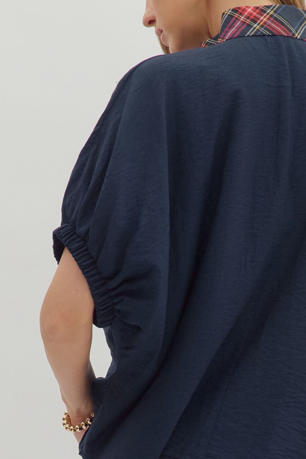 Navy Dolman Top Featuring Plaid Band Accent image 6