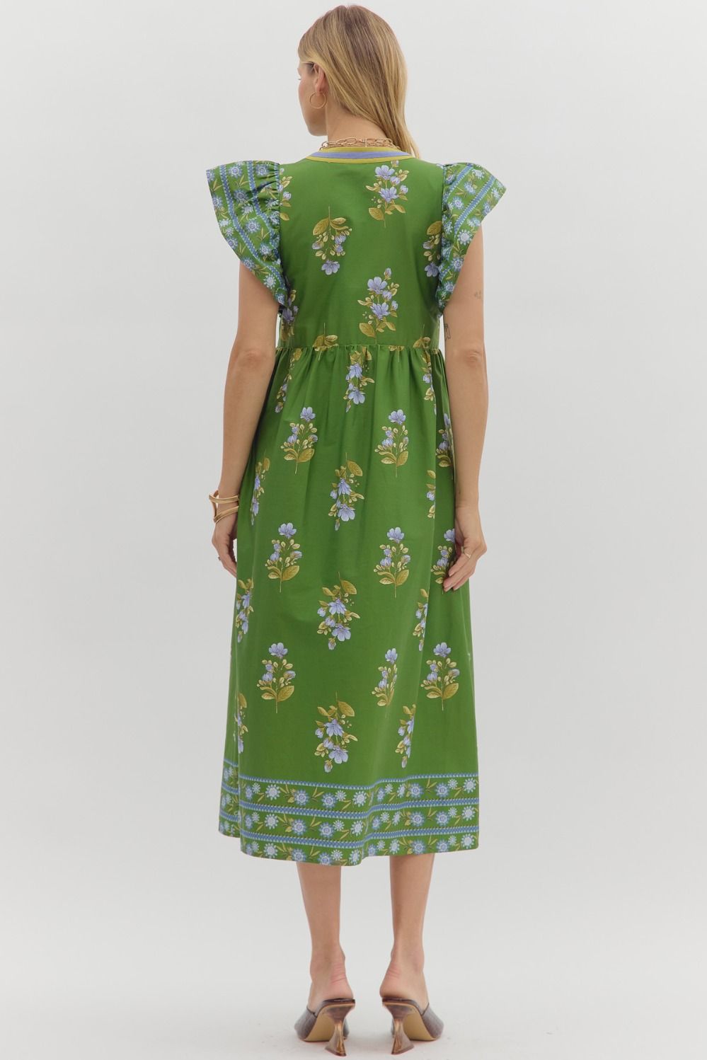 Green Flutter Sleeve Floral Midi image 5