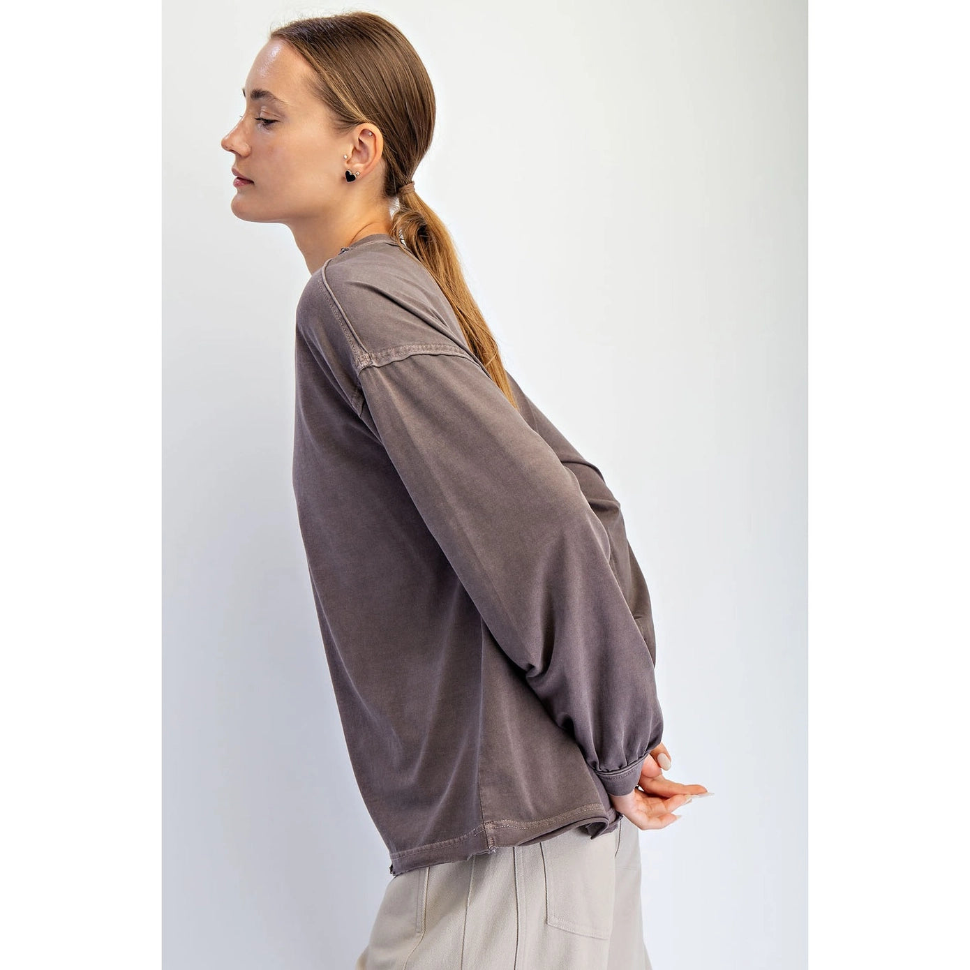 MOCHA OVERSIZED COTTON SLUB LONG SLEEVE TOP image 2
