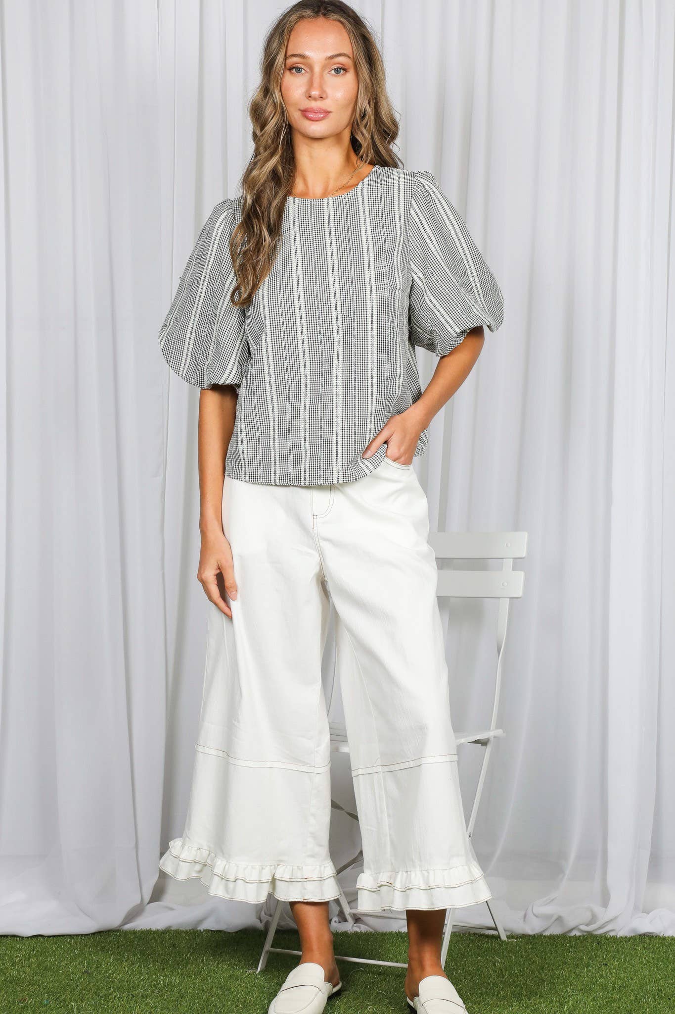 Bow V Back Plaid Blouse Top