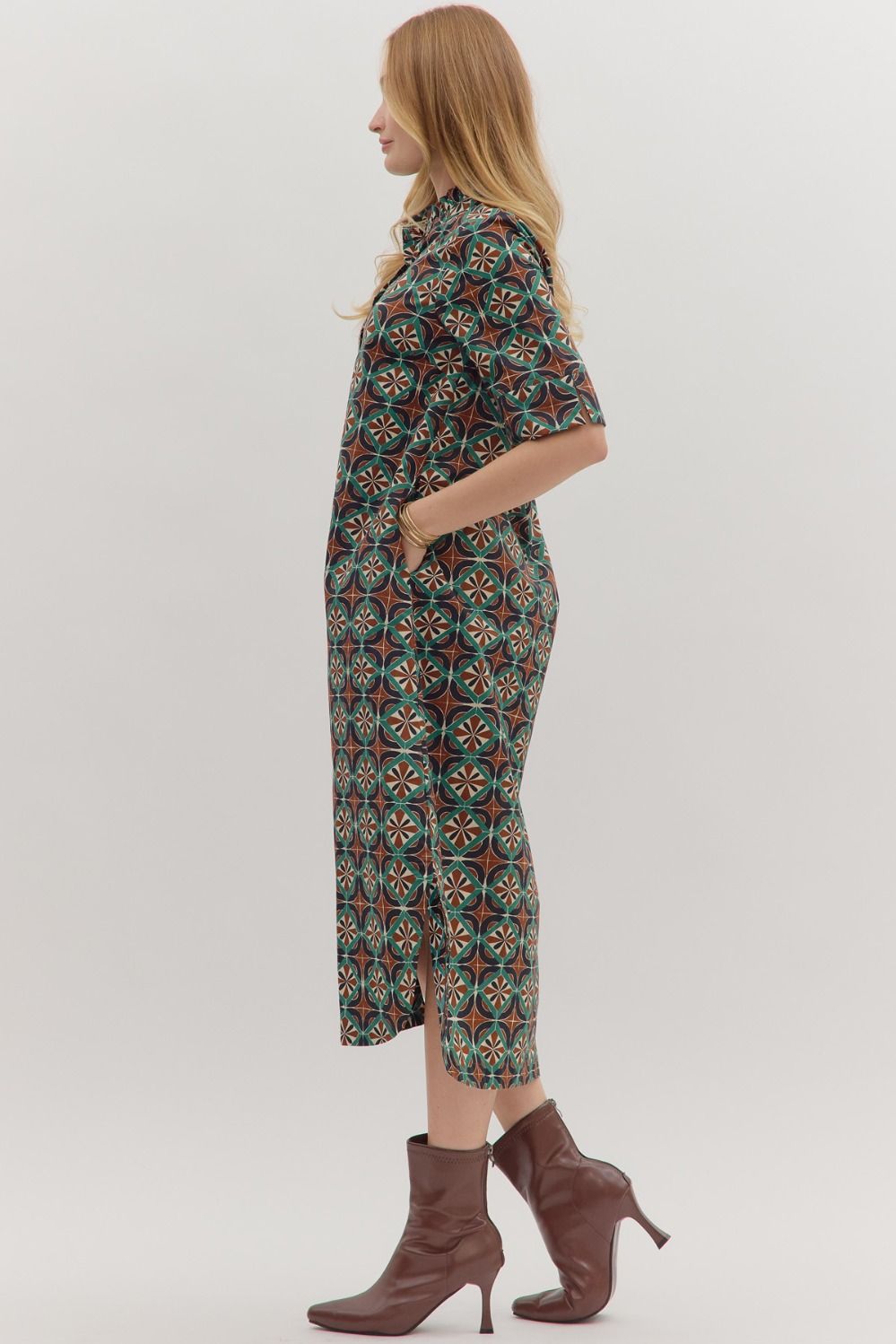 Brown/Teal Geometric Print SS Midi image 4
