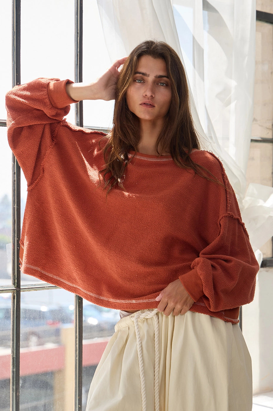 RUST OVERLAP OPEN BACK OVERSIZED REVERSE STICH TOP image 1