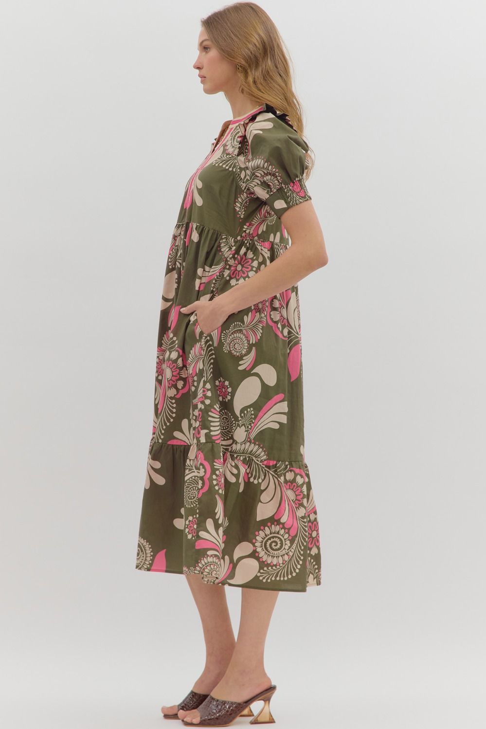 Olive Paisley Midi Featuring Multicolor Band V neck image 4
