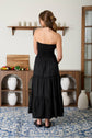 STRAPLESS MIXED MEDIA LINE LACE DETAIL MIDI DRESS