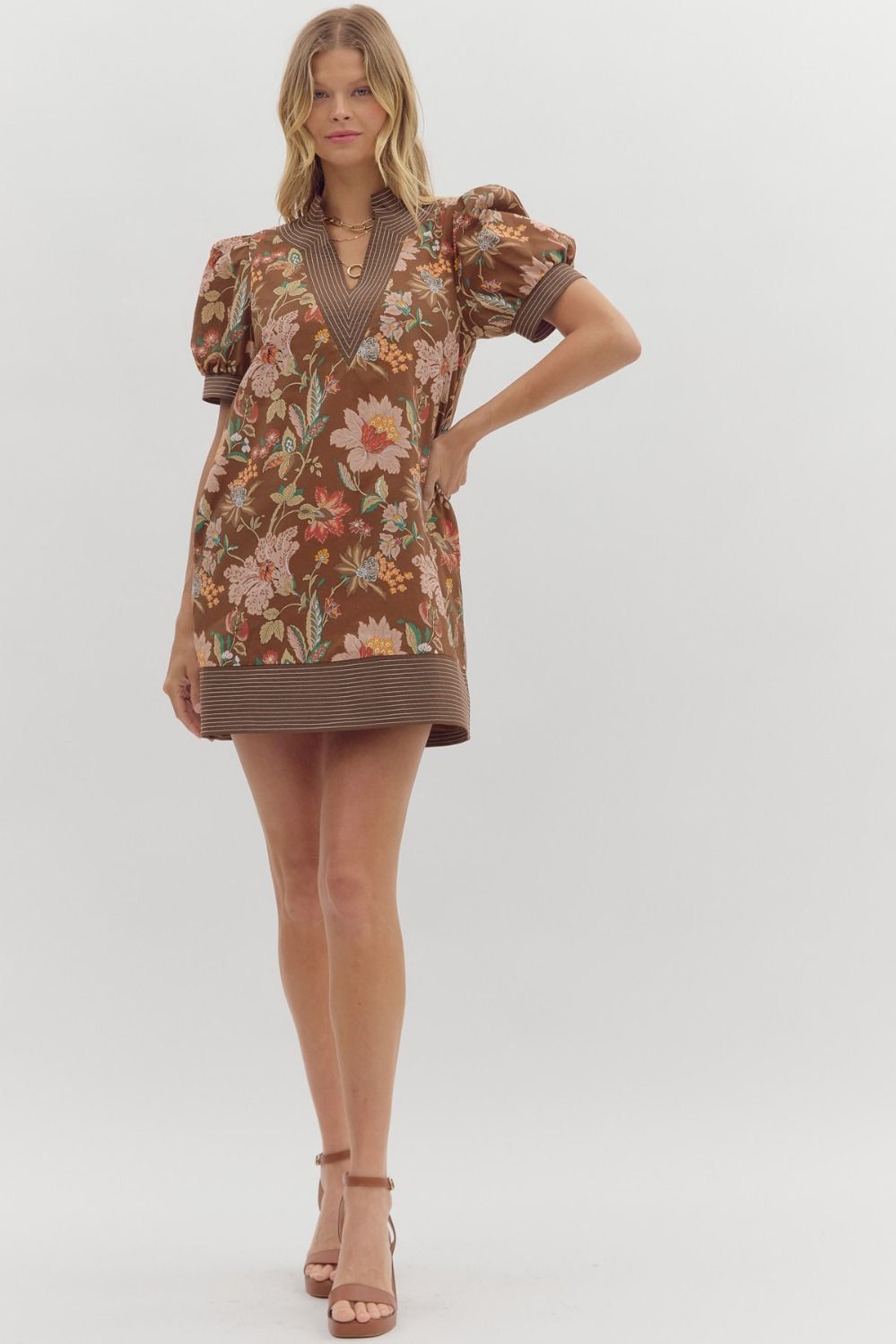 Brown Floral Puff Sleeve Pullover Mini Dress image 0