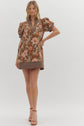 Brown Floral Puff Sleeve Pullover Mini Dress image 0