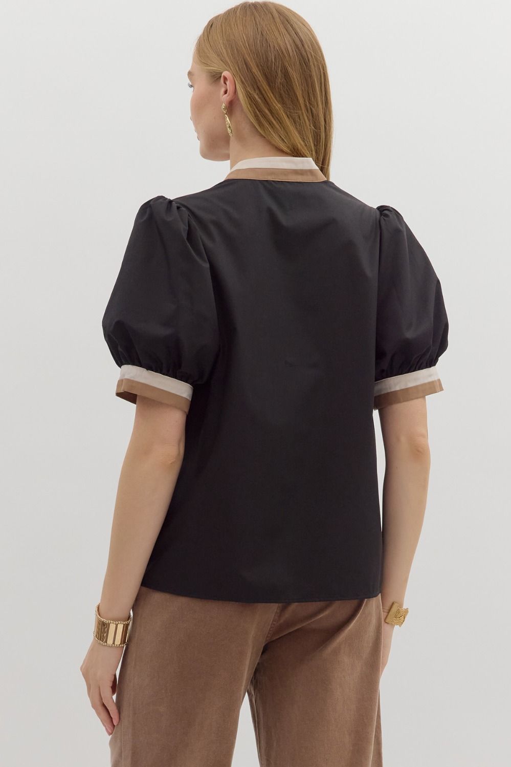 BLACK SOLID BUBBLE SLEEVE TOP WITH MULTICOLOR BAND image 5