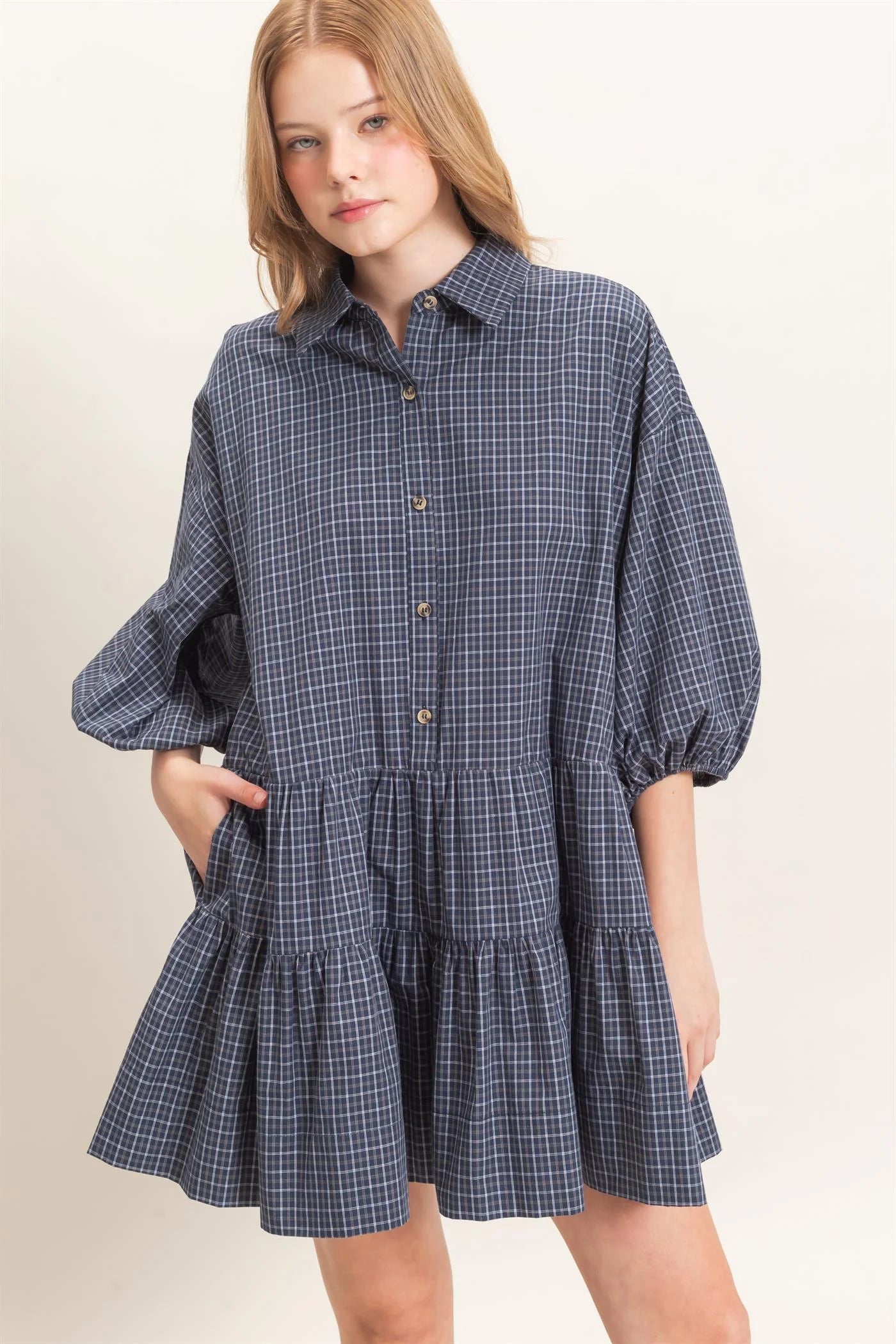 Plaid Button-Down Tiered Dress