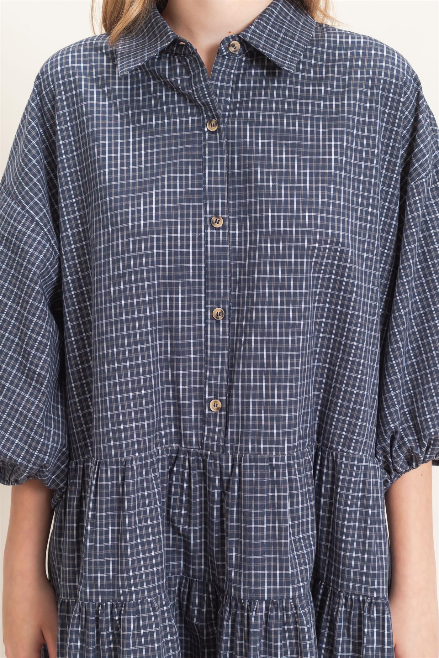 Plaid Button-Down Tiered Dress