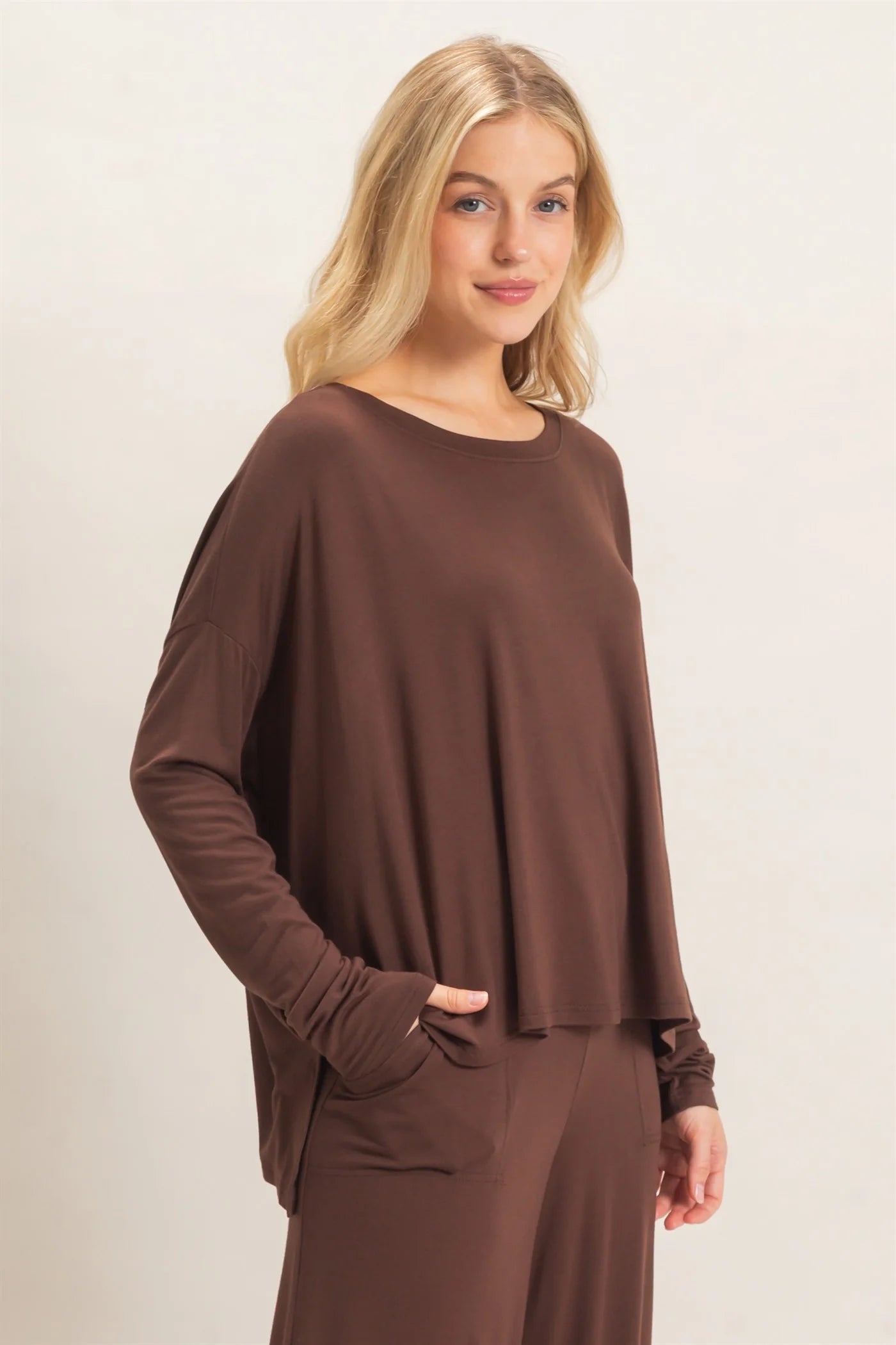 Loose Fitting Boat Neck Draped Long Sleeve Top