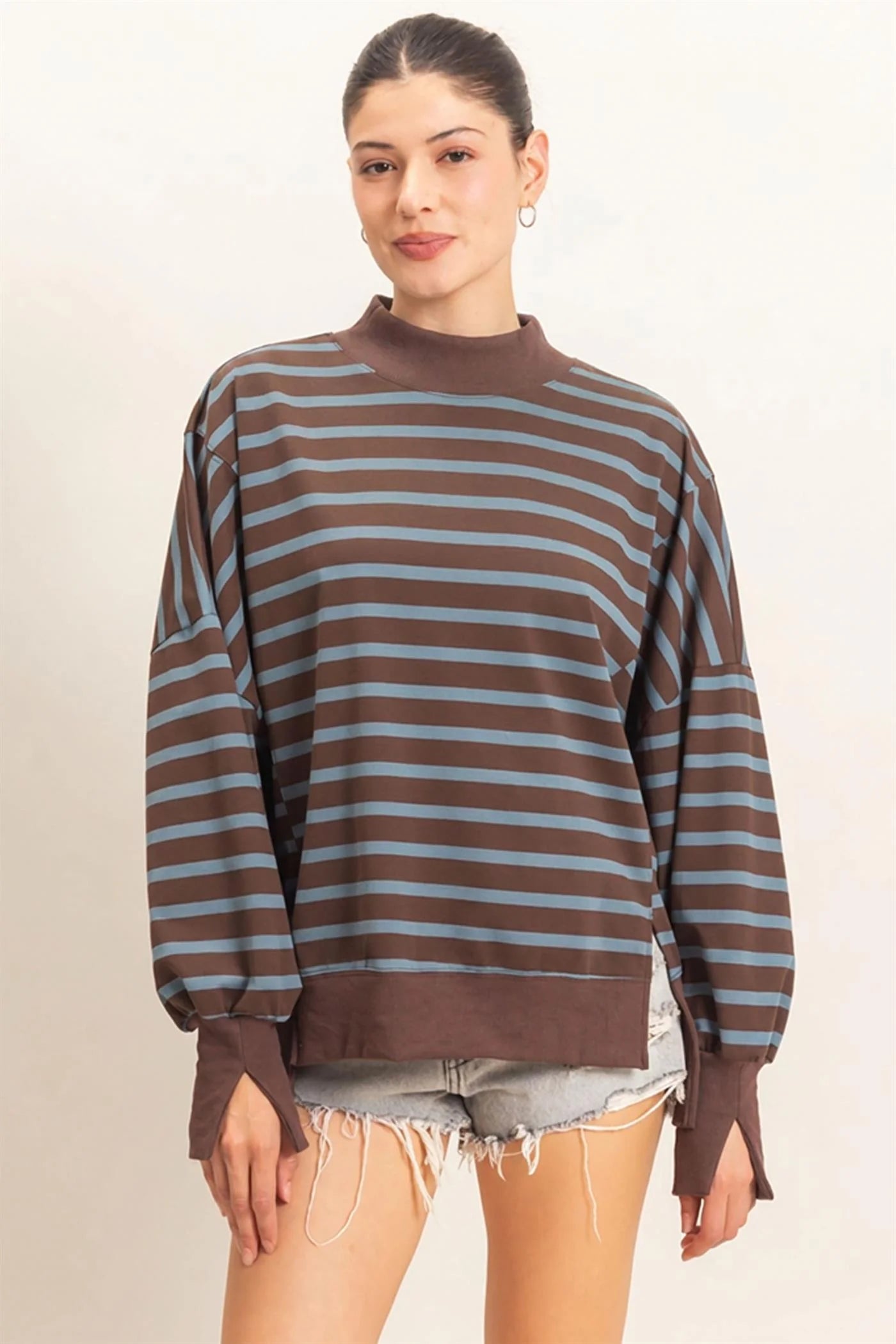 Striped Mock Neck Long Sleeve Sweatshirt