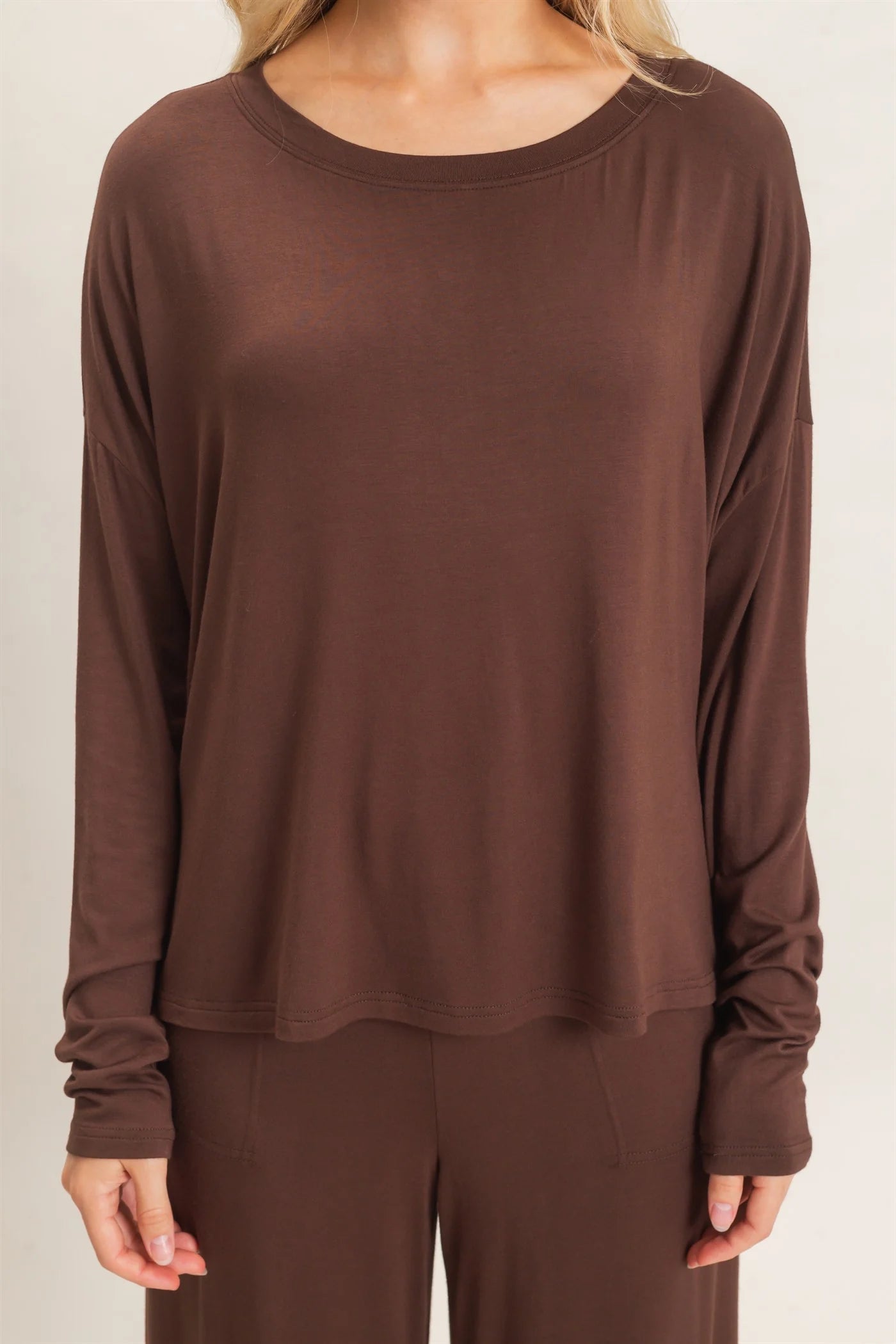 Loose Fitting Boat Neck Draped Long Sleeve Top