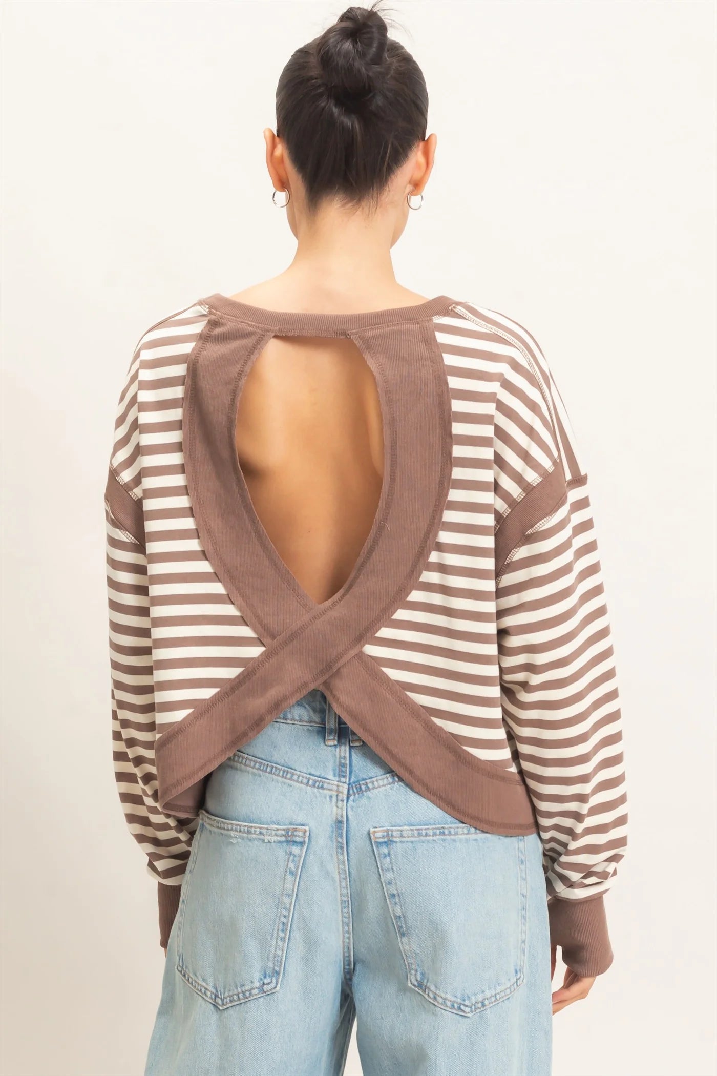Striped Long Sleeve Open Back Top