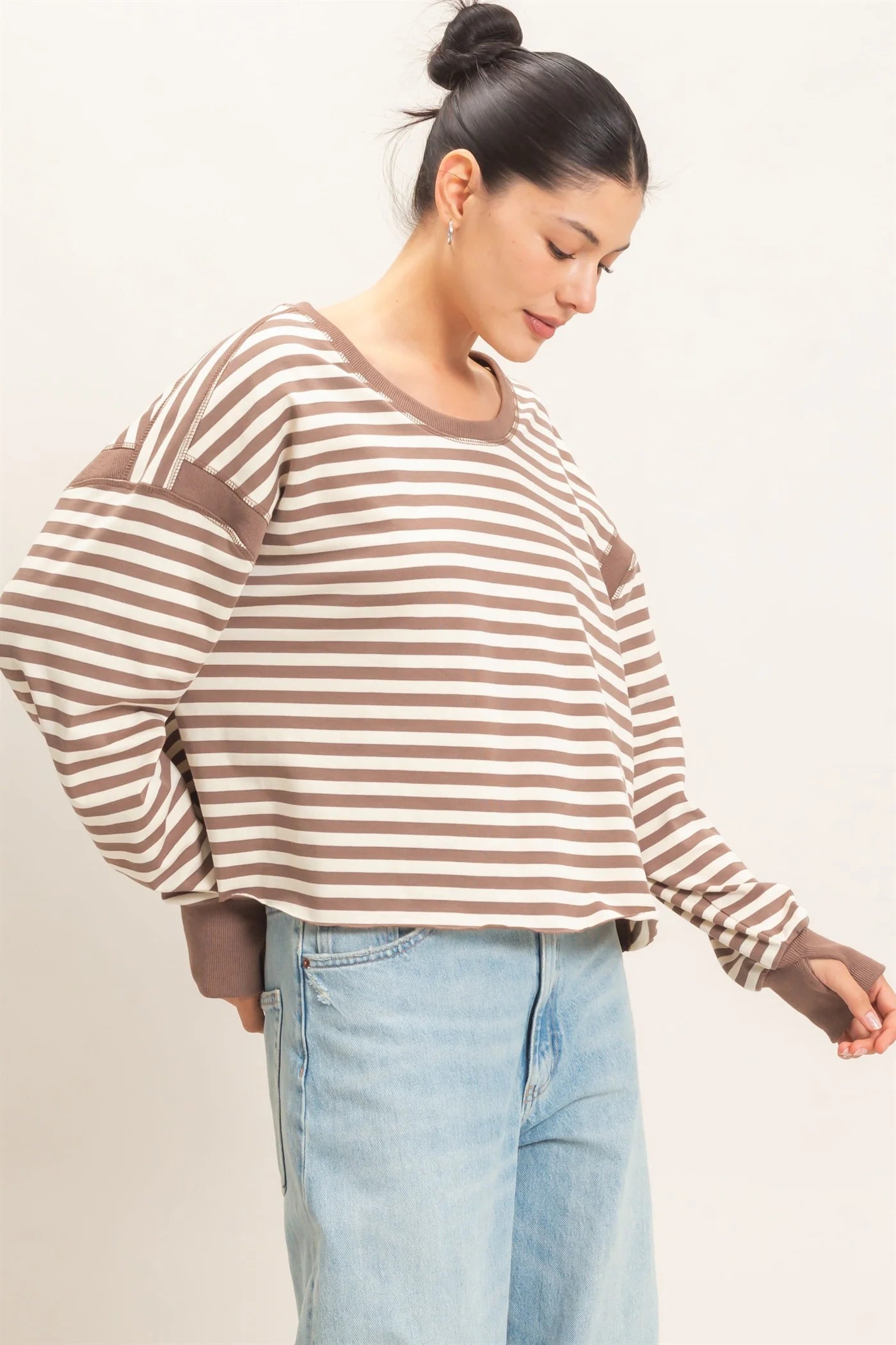 Striped Long Sleeve Open Back Top