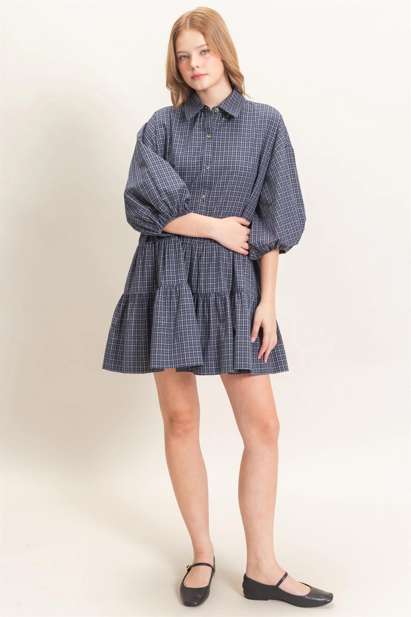 Plaid Button-Down Tiered Dress