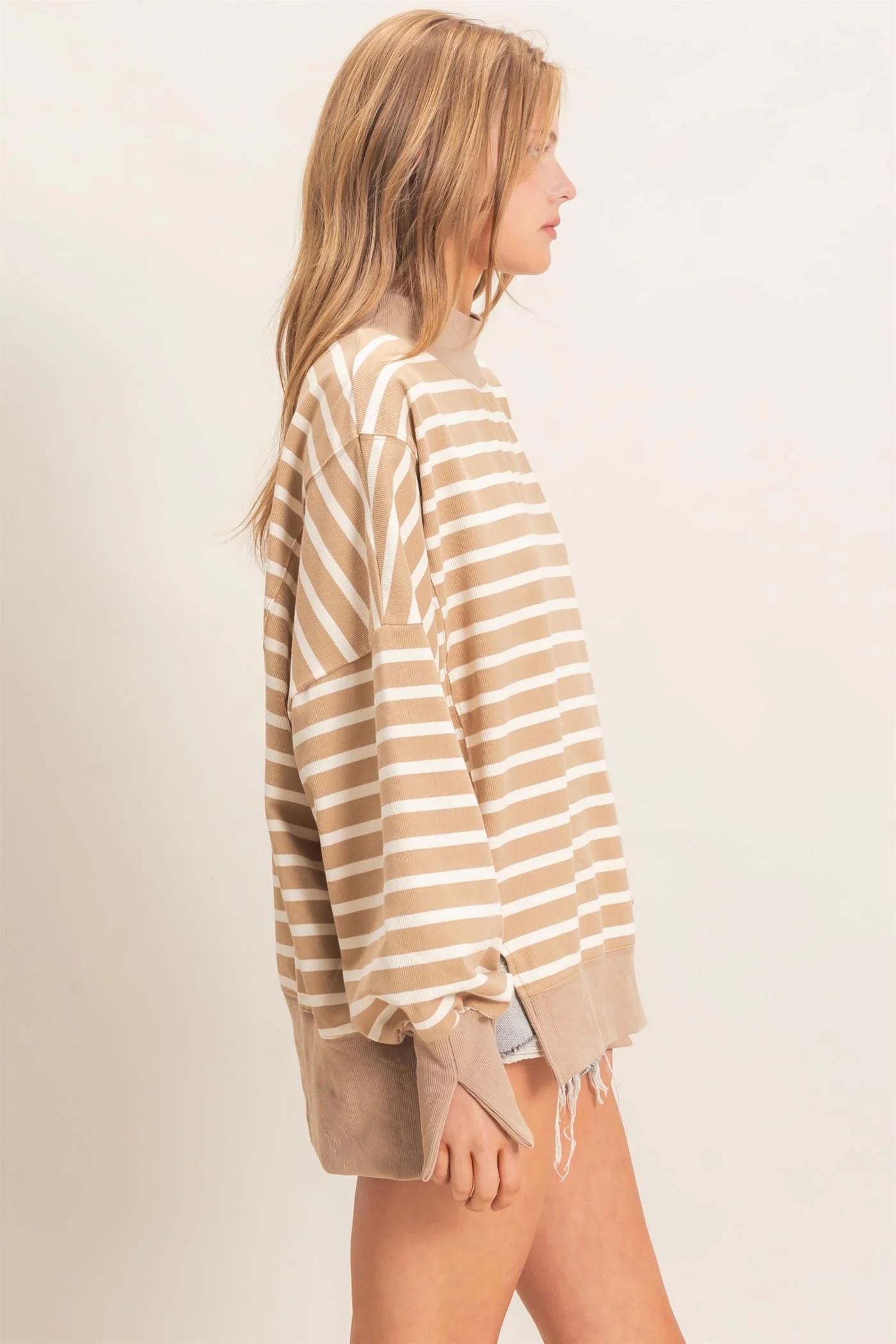 Striped Mock Neck Long Sleeve Sweatshirt