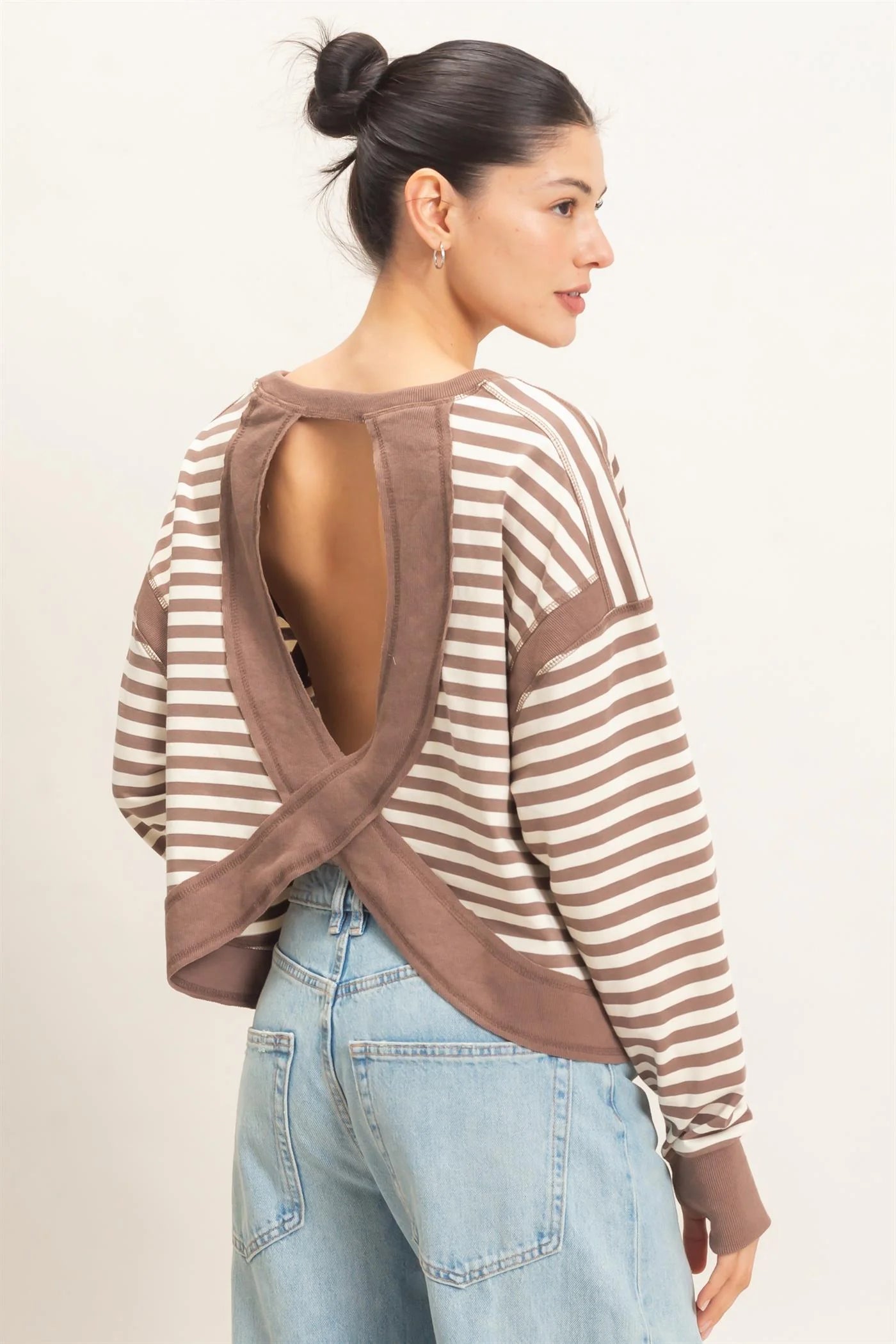 Striped Long Sleeve Open Back Top